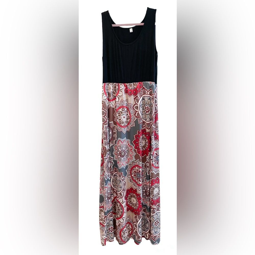 OURS Sleeveless Tank‎ Scoop Neck Maxi Dress Floral Black Gray Red Size XL